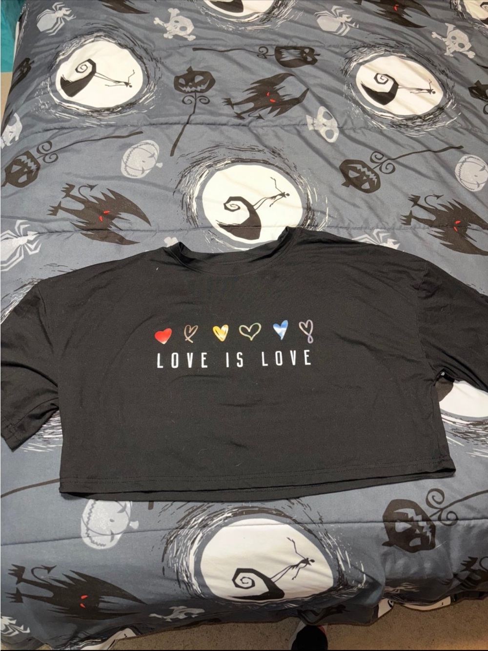 Love Is Love Black Cropped Tee with Rainbow Hearts